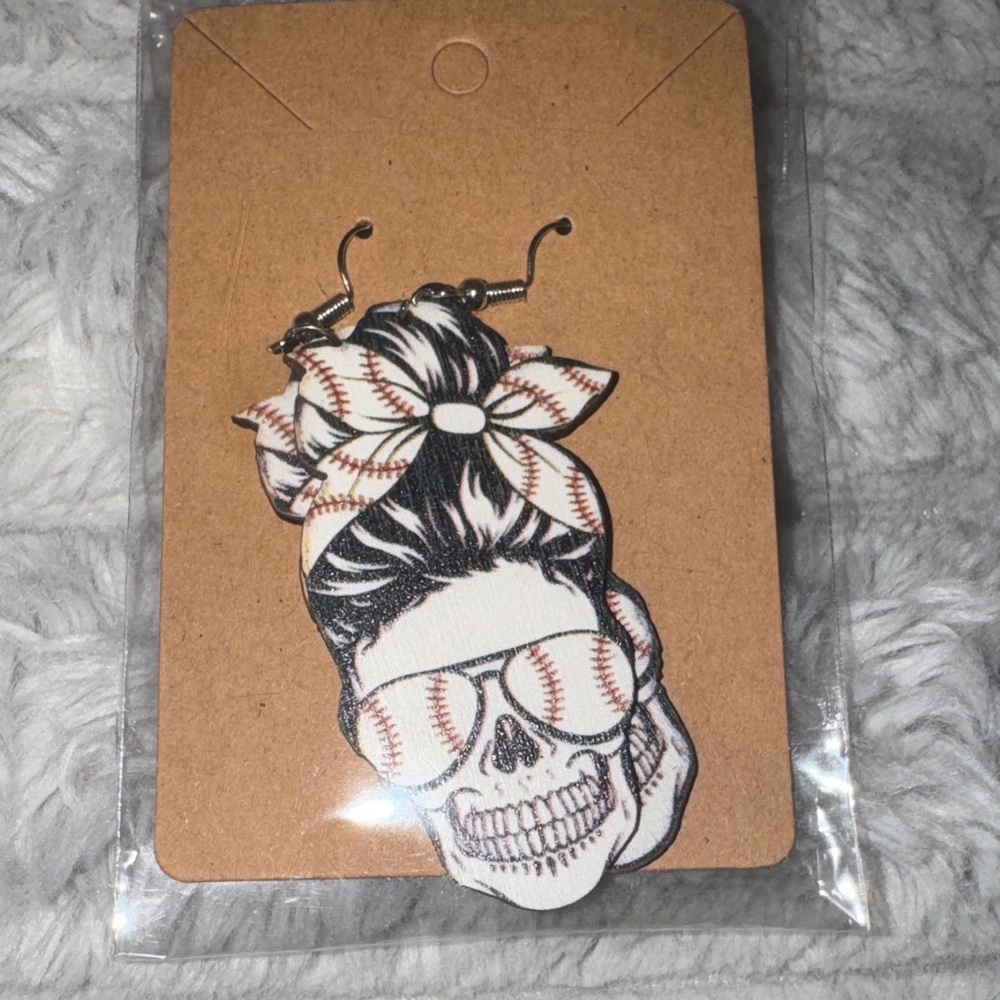 Skull Wood Baseball Earrings